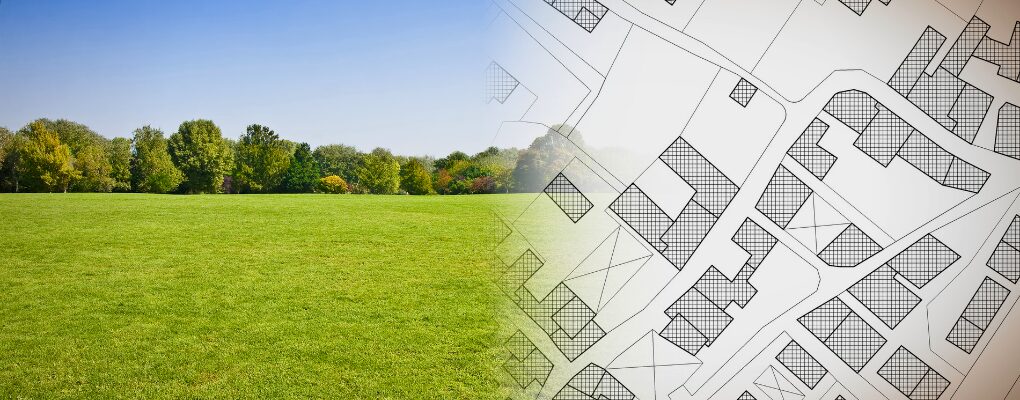 A side-by-side image of an undeveloped Wasaga Beach field on the left and an architectural plat of a residential subdivision on the right.