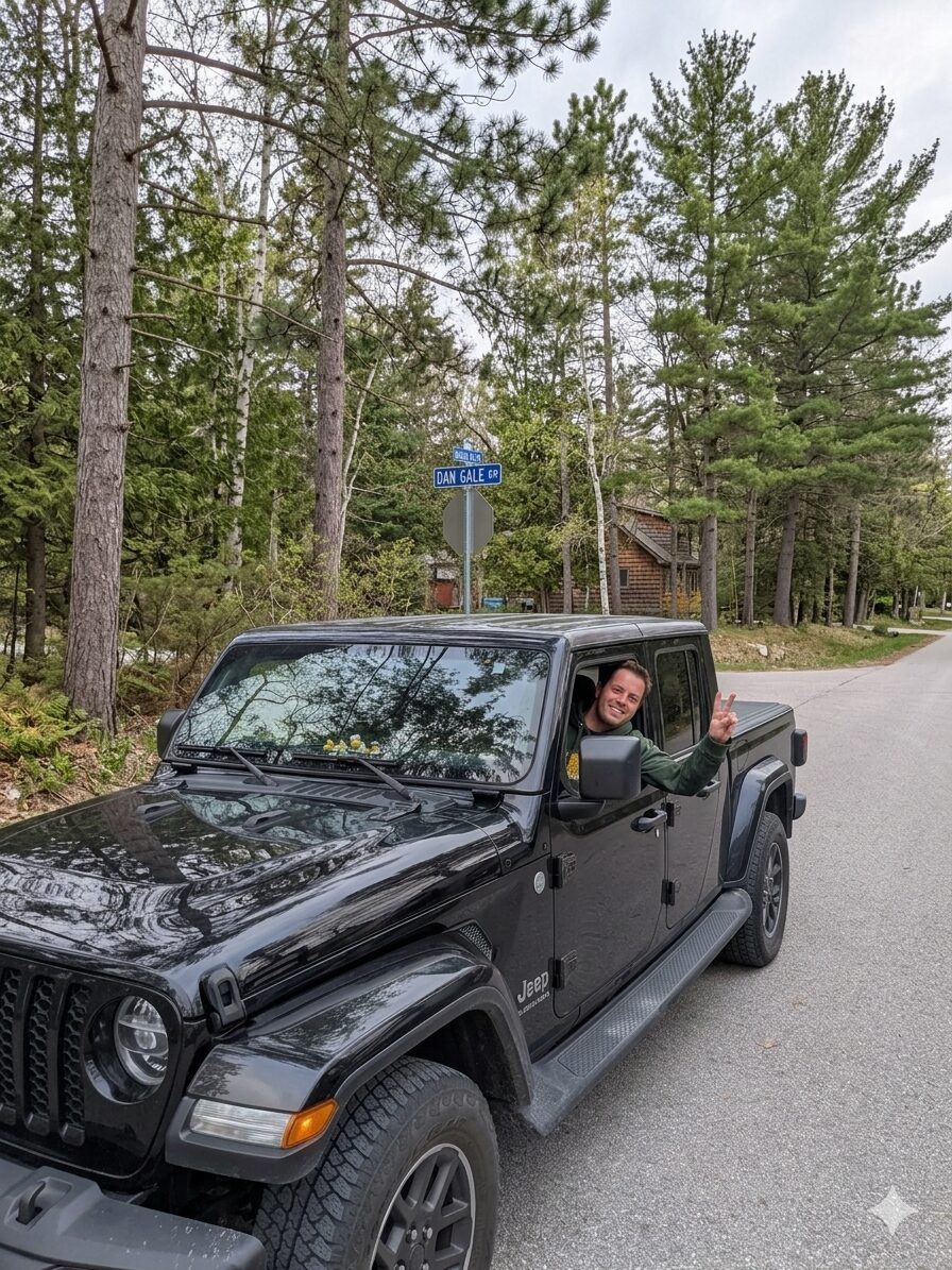 Dan Gale waving from his black Jeep parked next to a 'Dan Gale Dr' street sign on a tree-lined Wasaga Beach road.